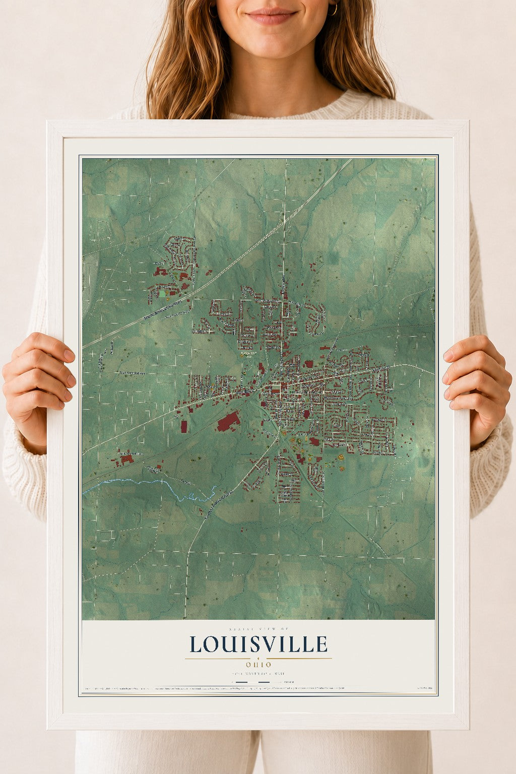 Map of Louisville, Ohio, 18 x 24 inch print in a white wood frame