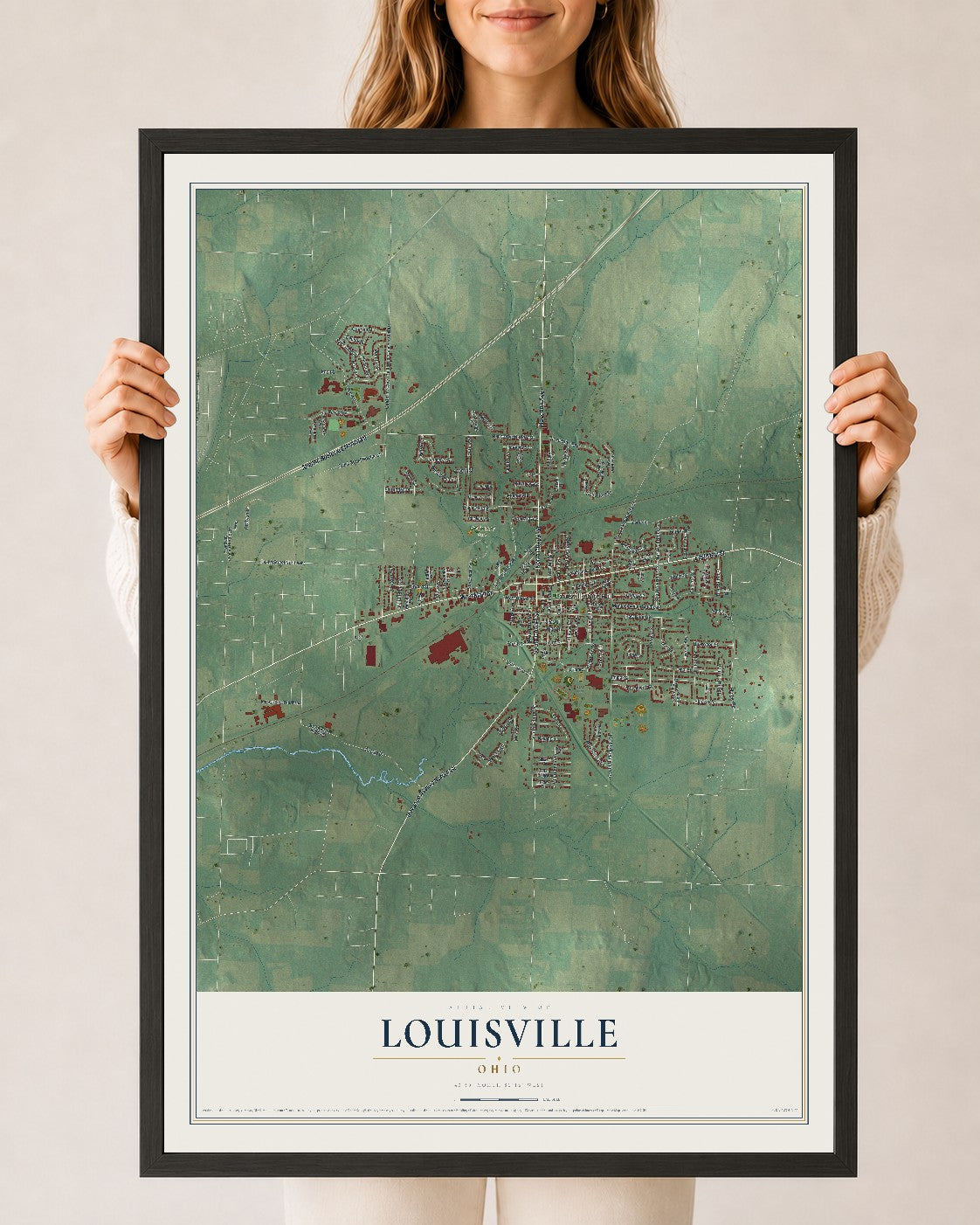 Map of Louisville, Ohio, 24 x 36 inch print in a black wood frame