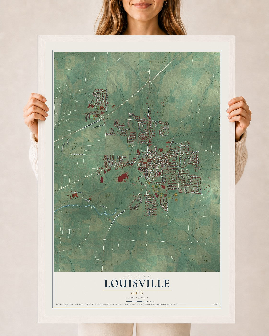 Map of Louisville, Ohio, 24 x 36 inch print in a white wood frame
