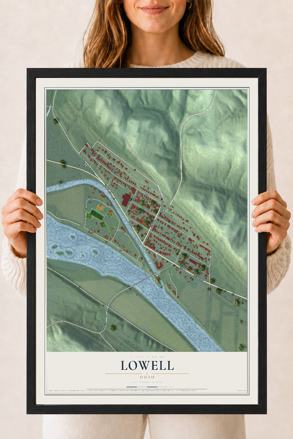 Map of Lowell, Ohio, 18 x 24 inch print in a black wood frame