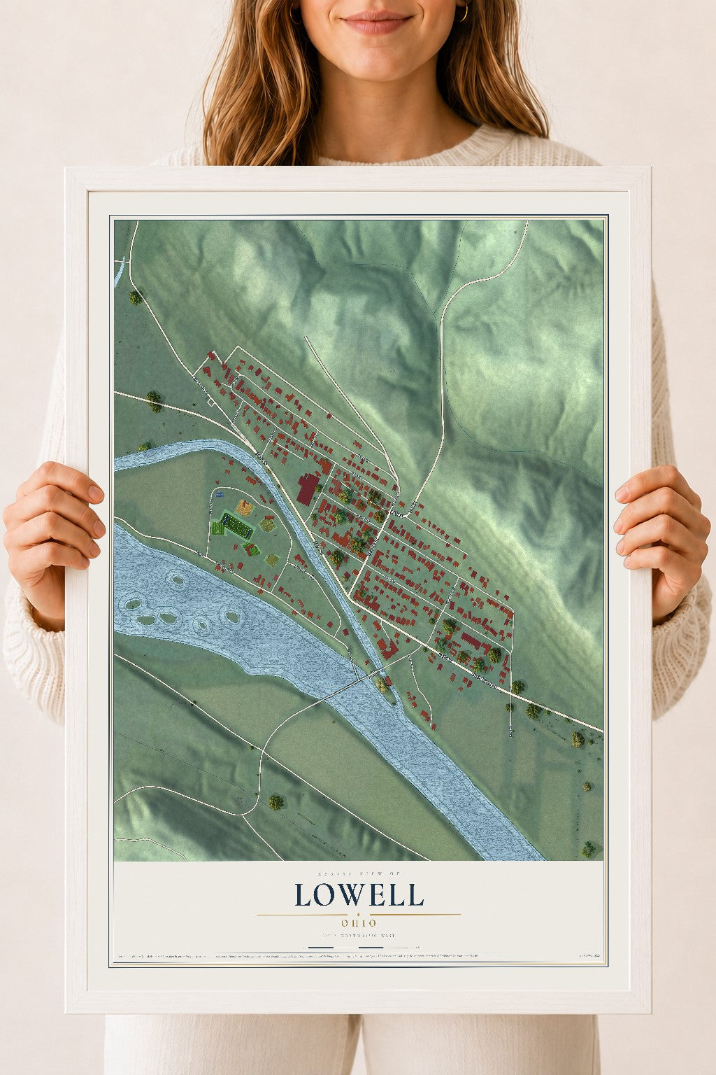 Map of Lowell, Ohio, 18 x 24 inch print in a white wood frame