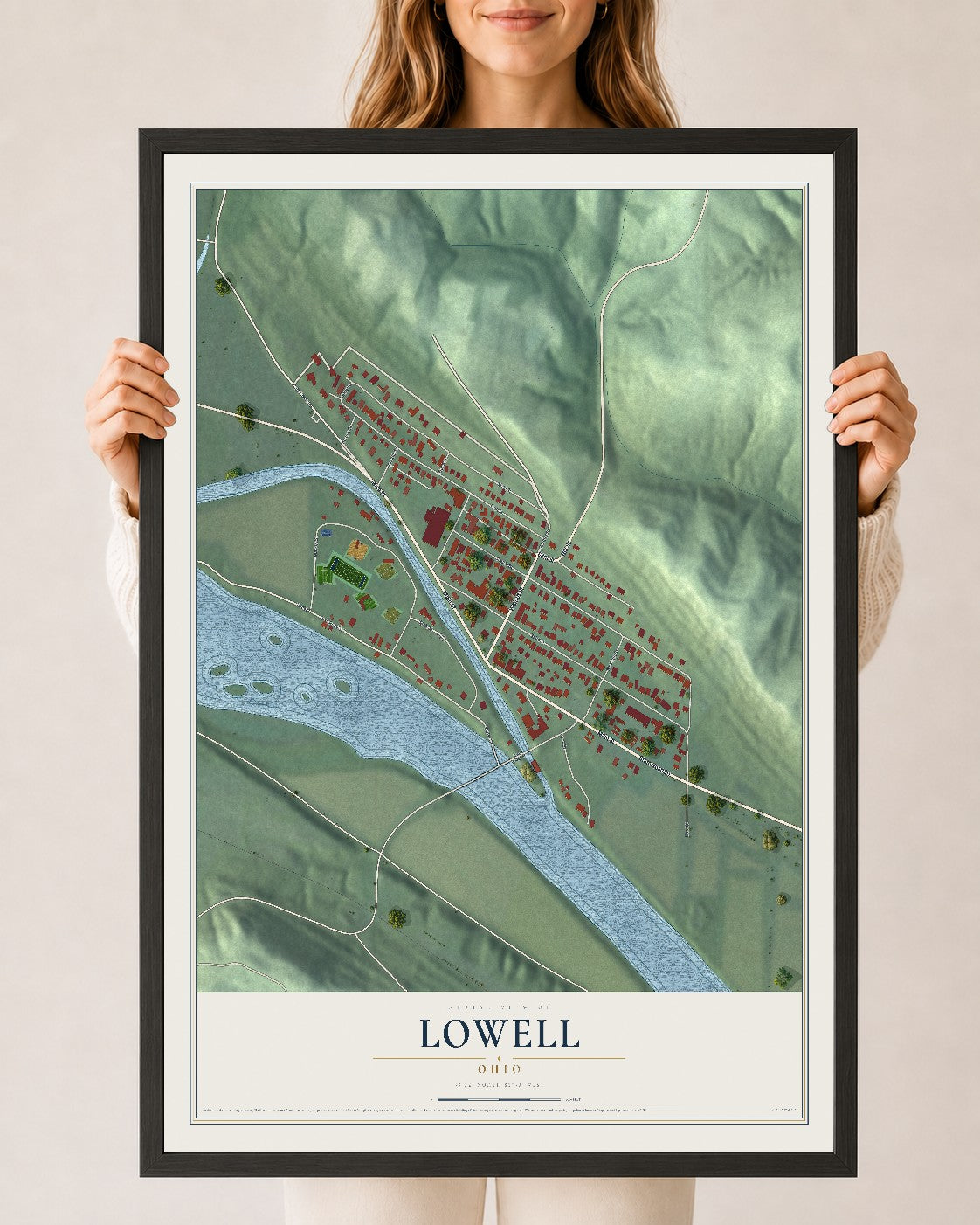 Map of Lowell, Ohio, 24 x 36 inch print in a black wood frame