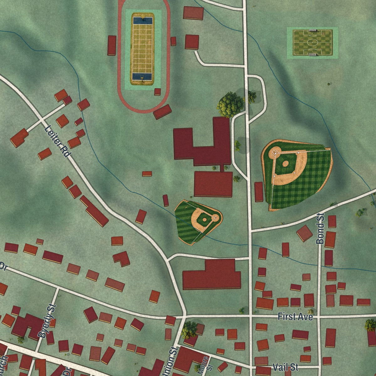 Close-up of the map of Lucas, Ohio print showing street and building detail