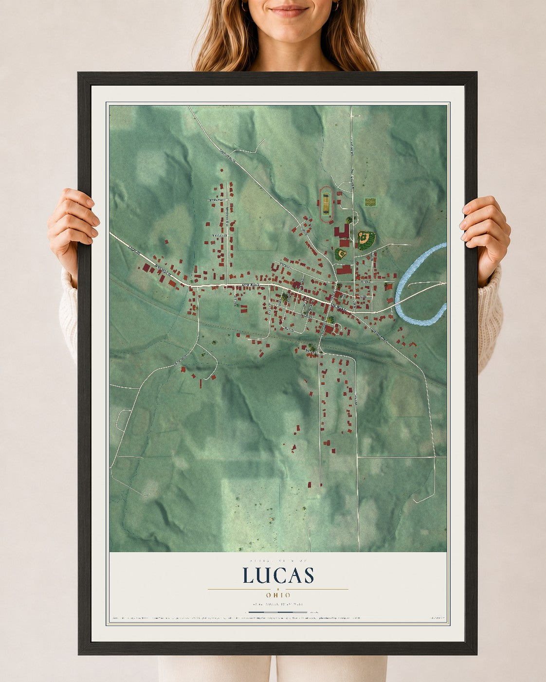 Map of Lucas, Ohio, 24 x 36 inch print in a black wood frame
