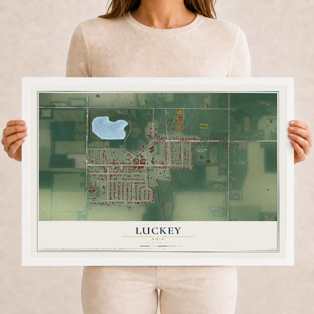 Map of Luckey, Ohio, 12 x 18 inch print in a white wood frame