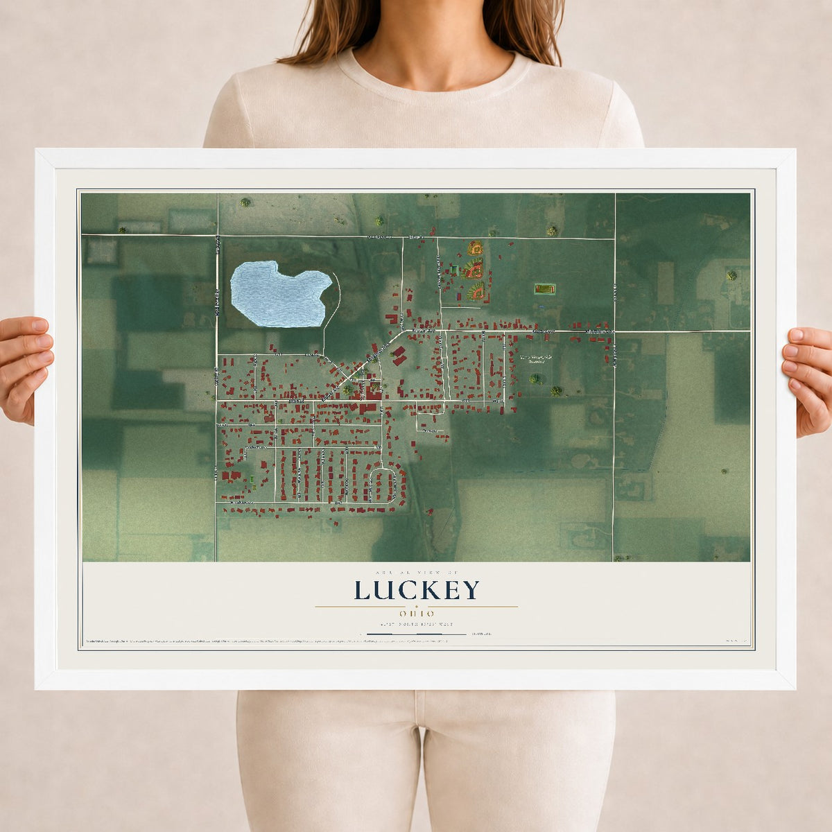 Map of Luckey, Ohio, 18 x 24 inch print in a white wood frame