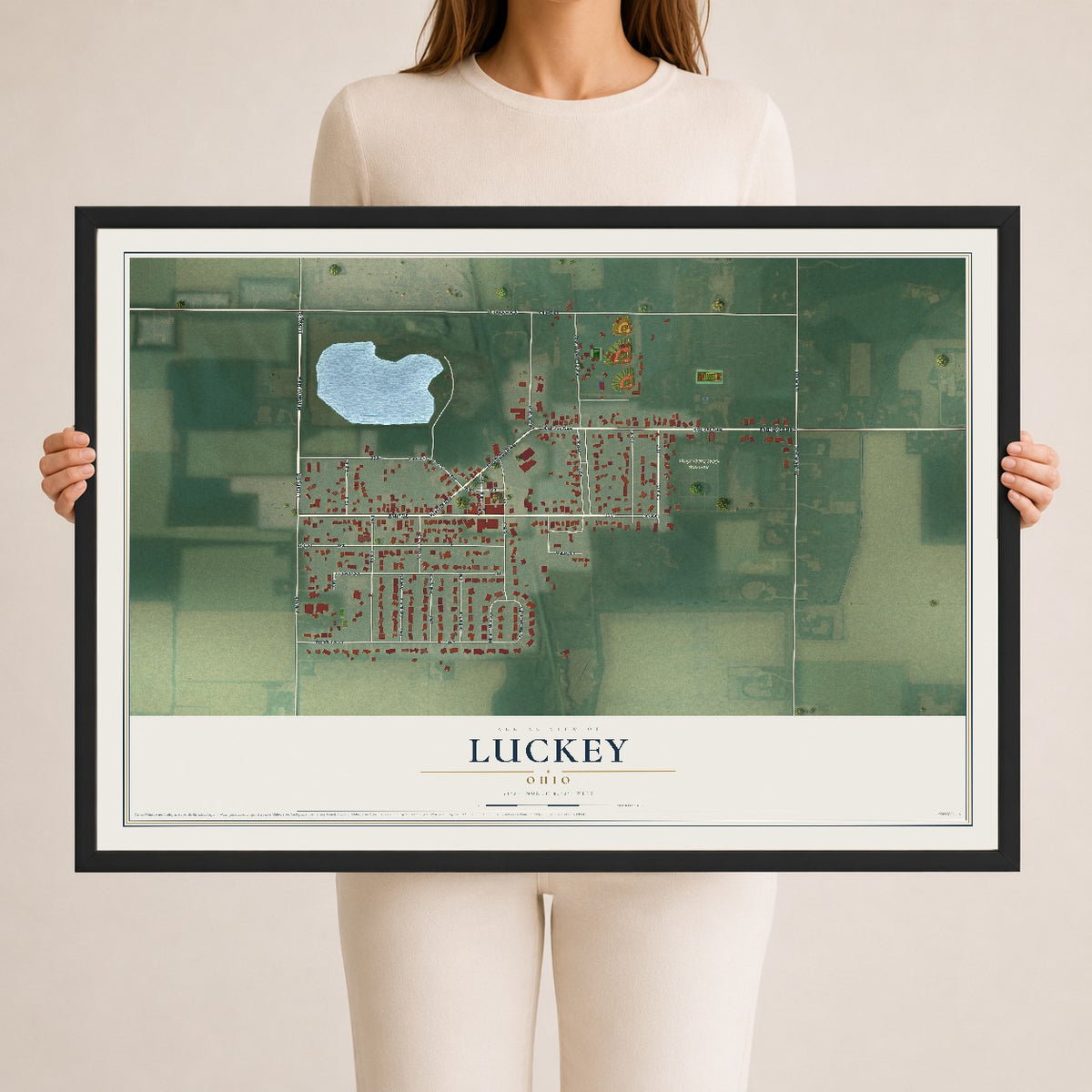 Map of Luckey, Ohio, 24 x 36 inch print in a black wood frame