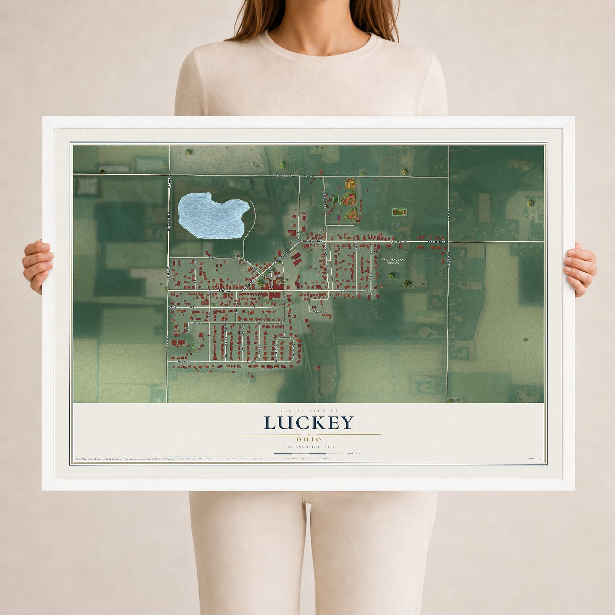 Map of Luckey, Ohio, 24 x 36 inch print in a white wood frame