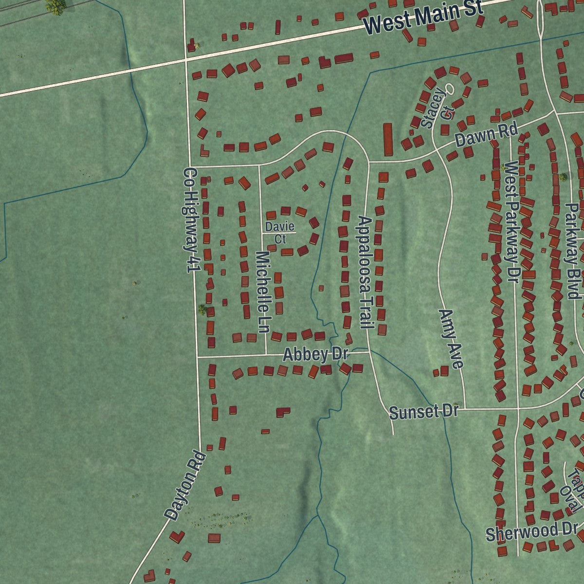 Close-up of the map of Madison, Ohio print showing street and building detail