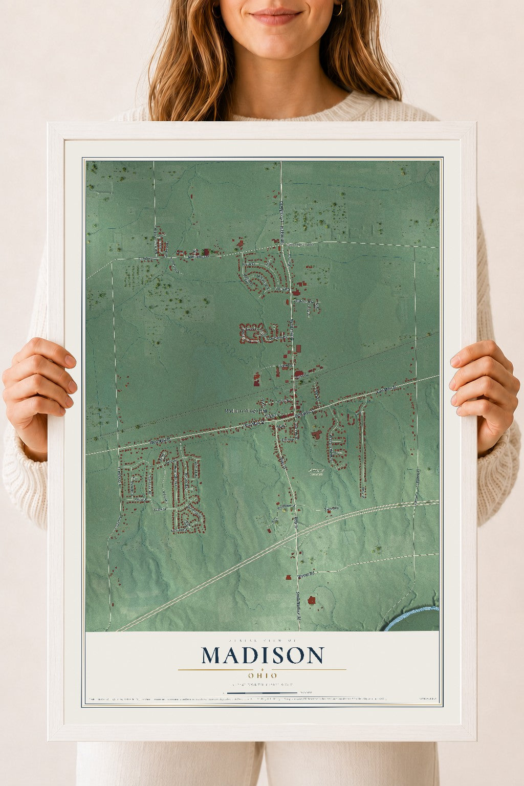 Map of Madison, Ohio, 18 x 24 inch print in a white wood frame