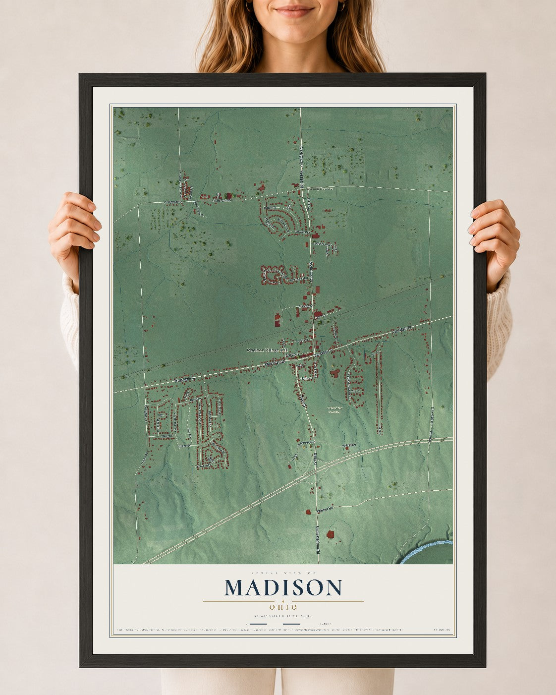 Map of Madison, Ohio, 24 x 36 inch print in a black wood frame