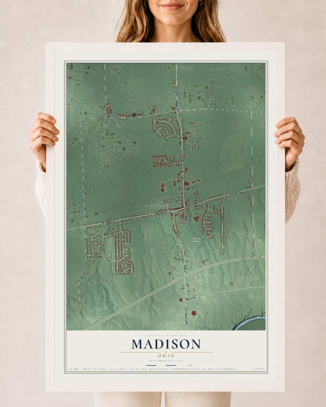 Map of Madison, Ohio, 24 x 36 inch print in a white wood frame