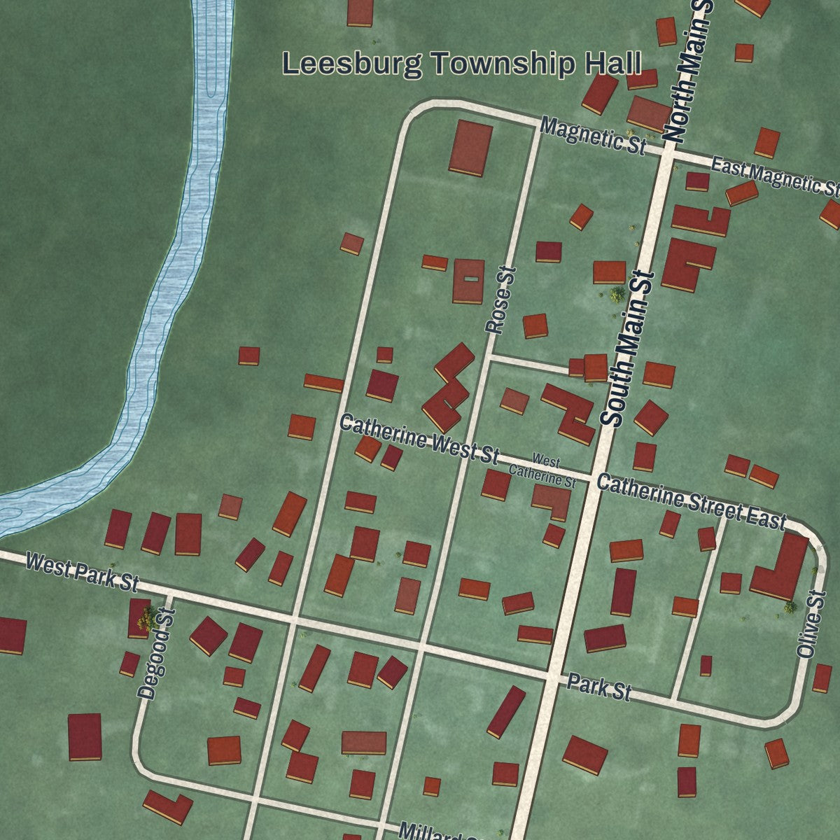 Close-up of the map of Magnetic Springs, Ohio print showing street and building detail