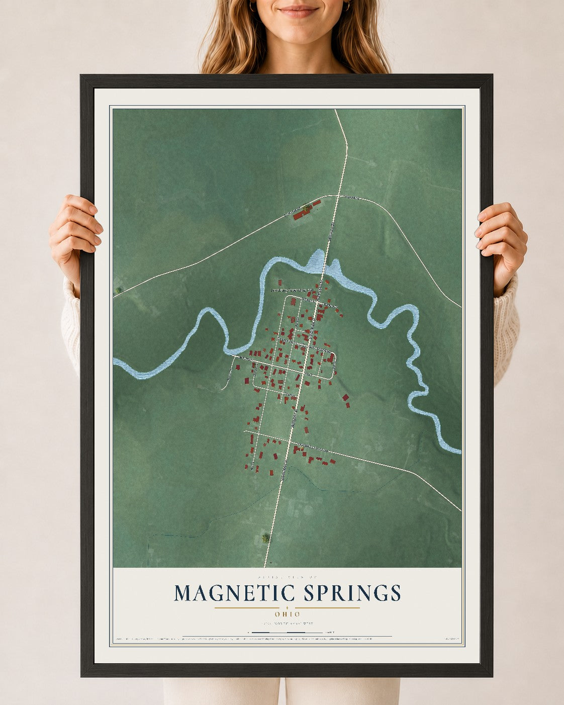 Map of Magnetic Springs, Ohio, 24 x 36 inch print in a black wood frame