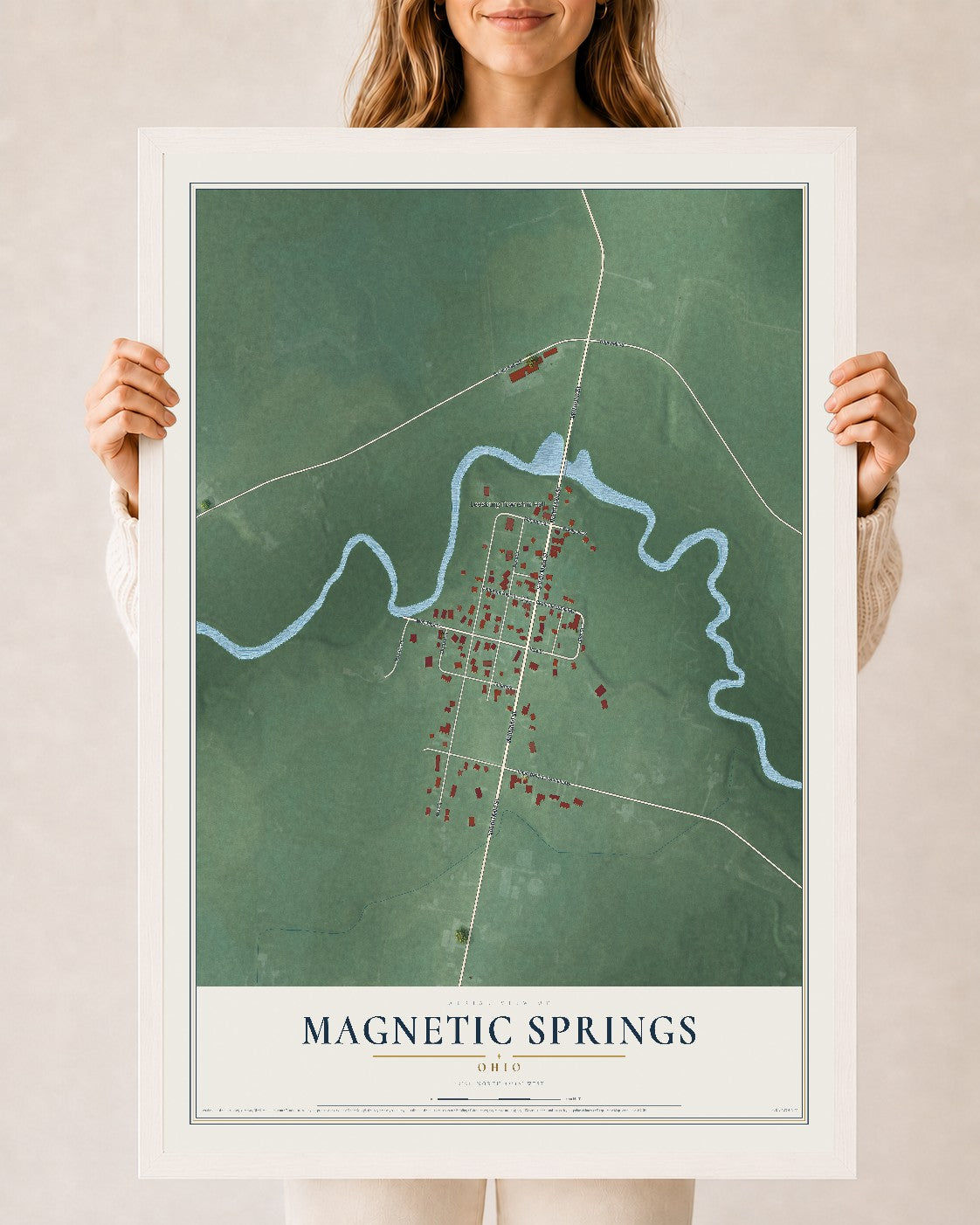 Map of Magnetic Springs, Ohio, 24 x 36 inch print in a white wood frame