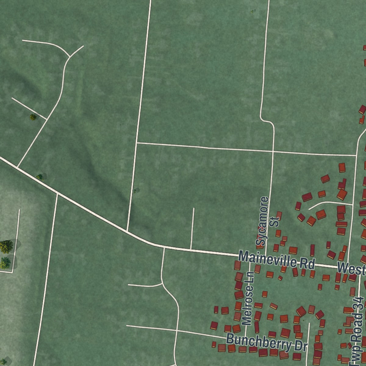 Second close-up of the map of Maineville, Ohio print showing more streets and buildings
