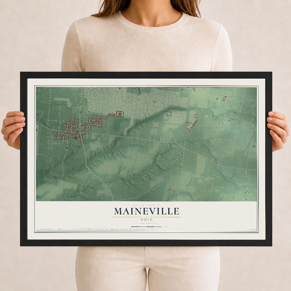 Map of Maineville, Ohio, 12 x 18 inch print in a black wood frame