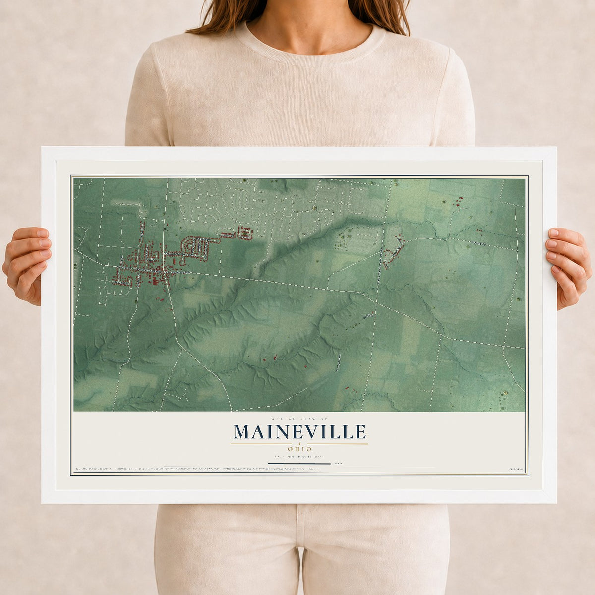 Map of Maineville, Ohio, 12 x 18 inch print in a white wood frame