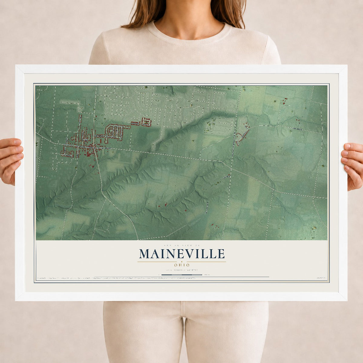 Map of Maineville, Ohio, 18 x 24 inch print in a white wood frame