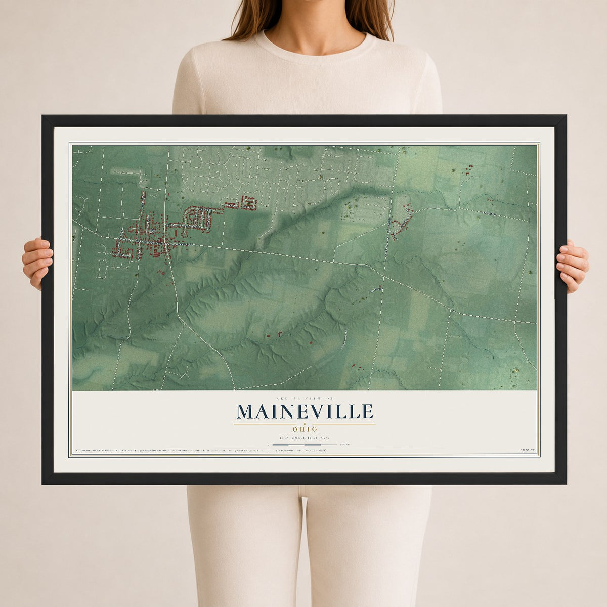 Map of Maineville, Ohio, 24 x 36 inch print in a black wood frame
