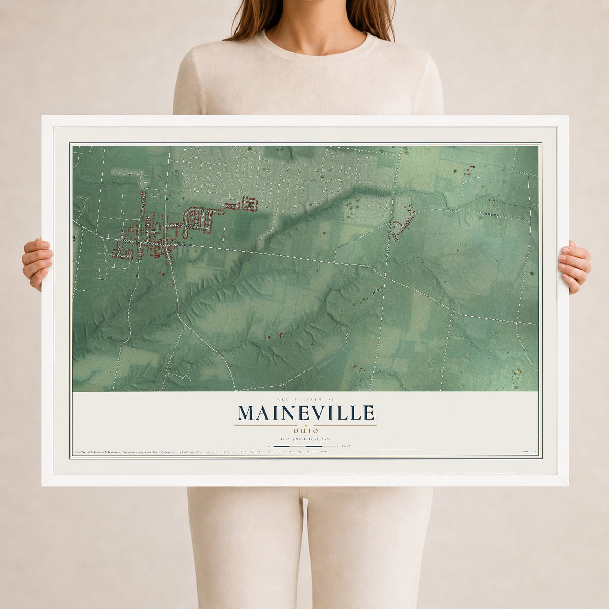 Map of Maineville, Ohio, 24 x 36 inch print in a white wood frame