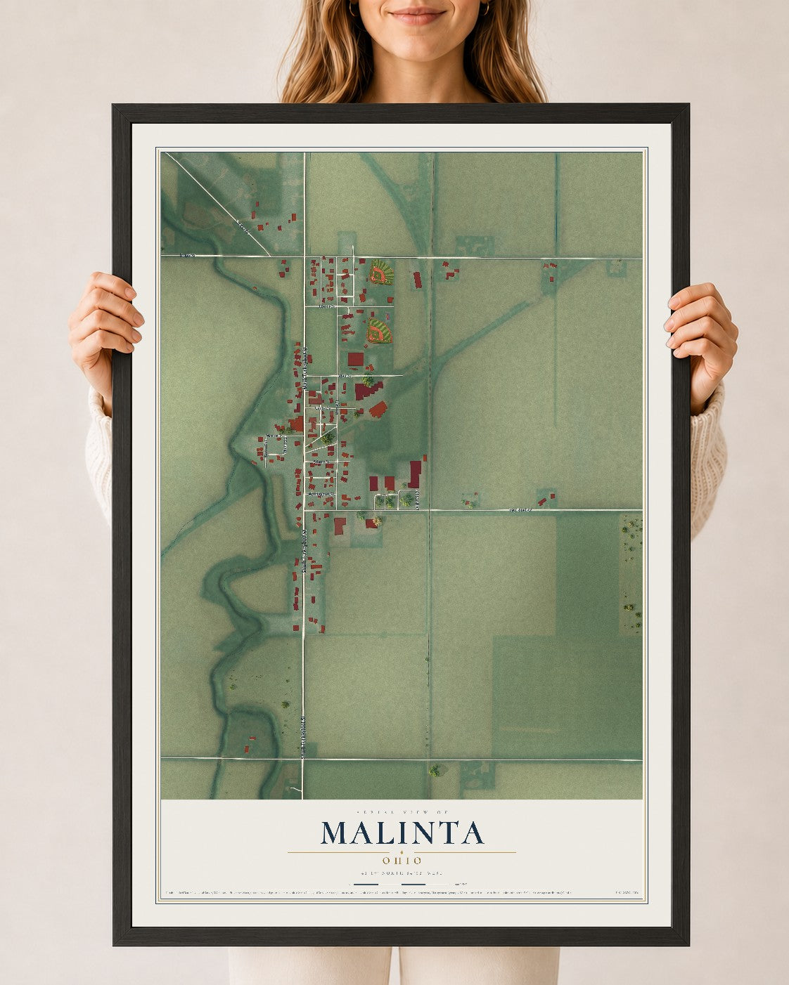 Map of Malinta, Ohio, 24 x 36 inch print in a black wood frame