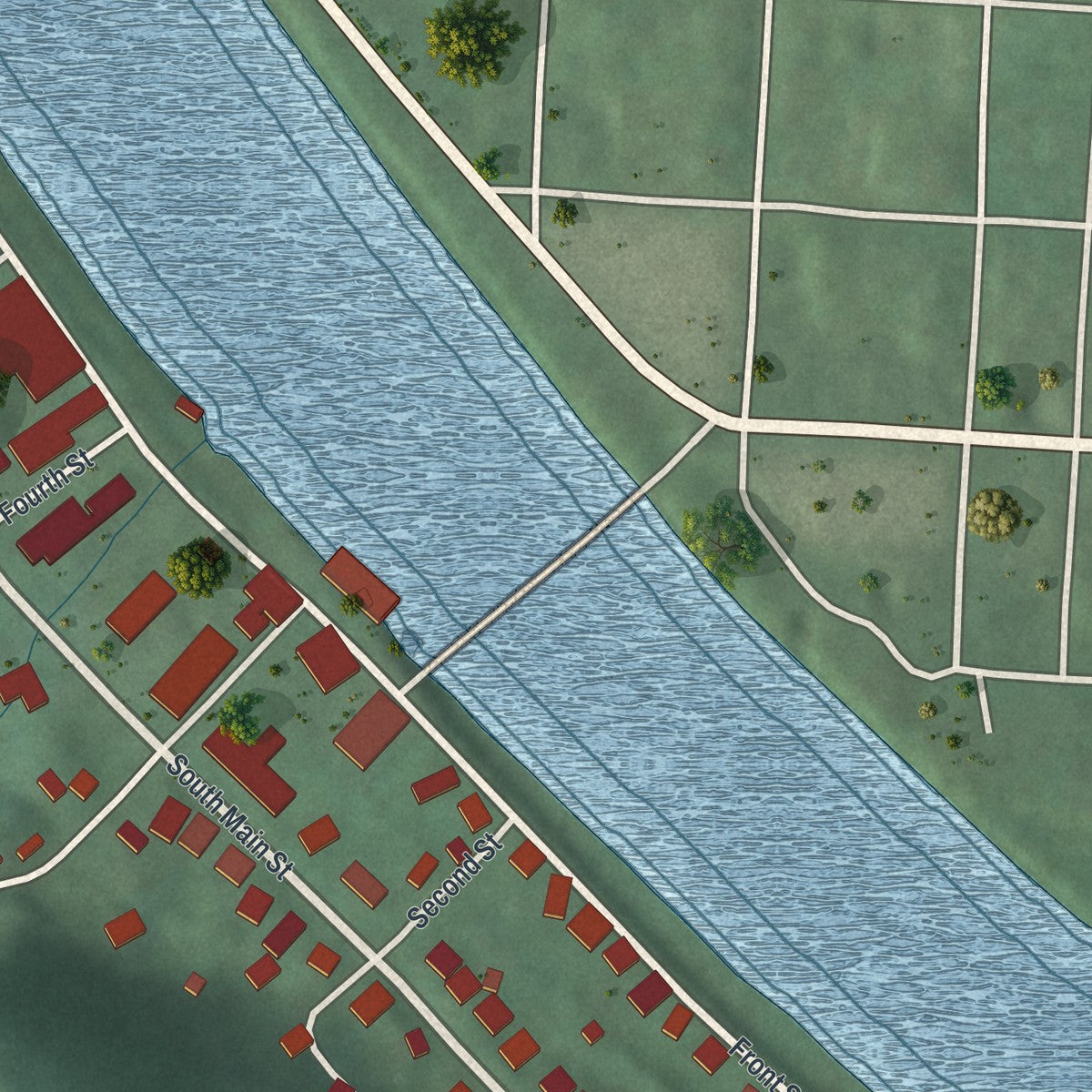 Second close-up of the map of Malta, Ohio print showing more streets and buildings