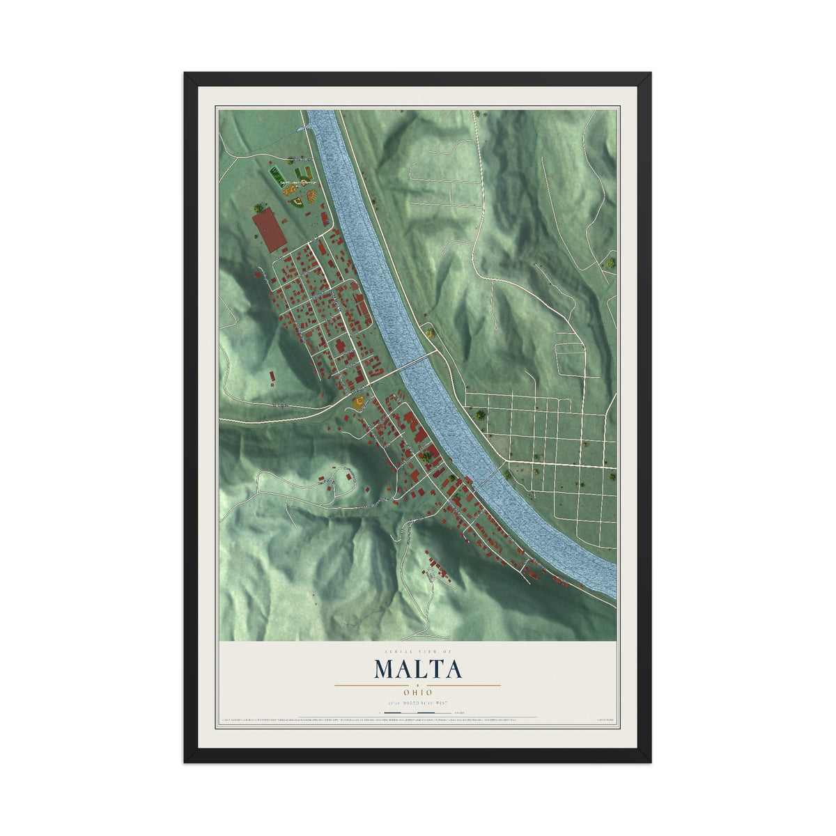 Map of Malta, Ohio, 12 x 18 inch print in a black wood frame