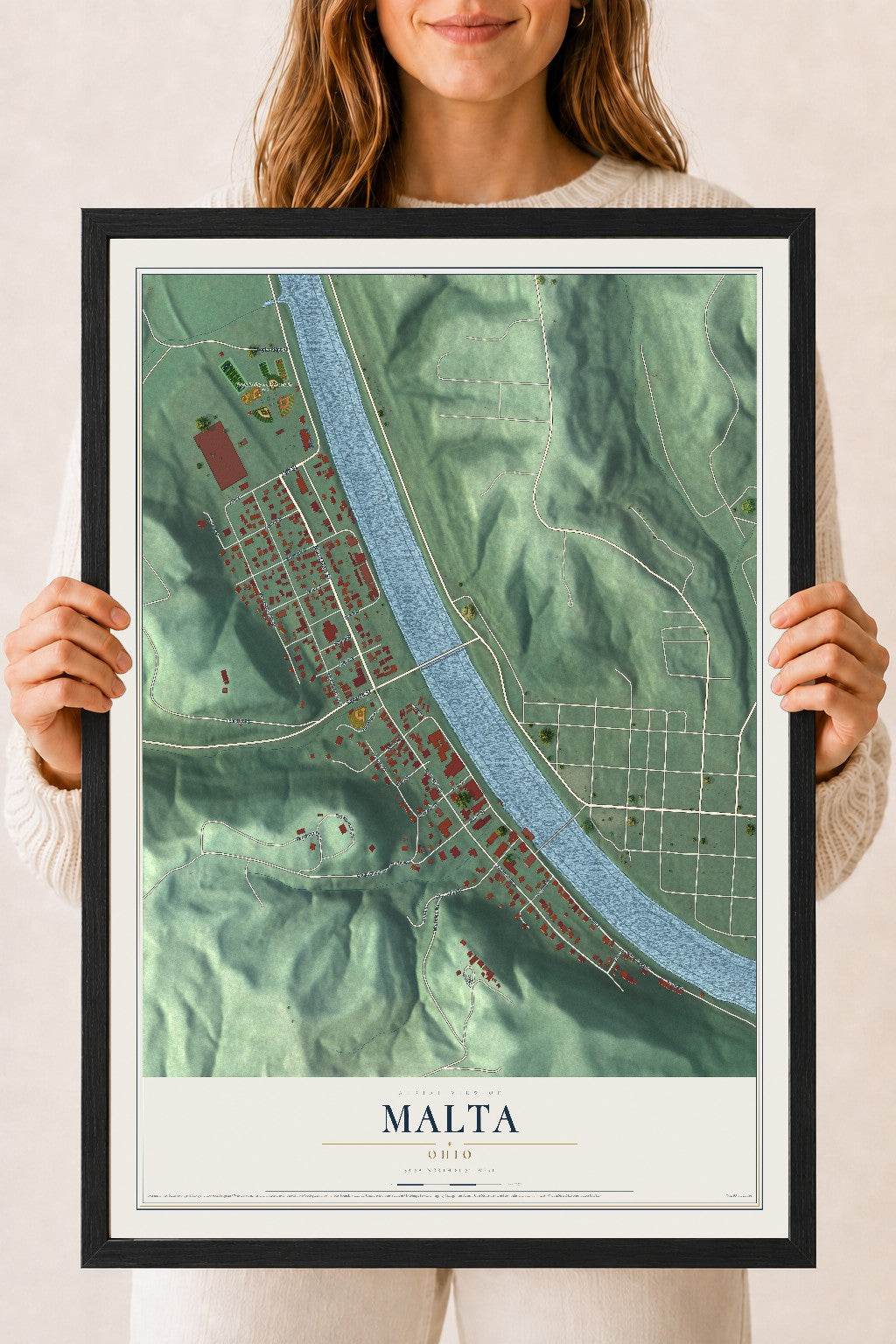 Map of Malta, Ohio, 18 x 24 inch print in a black wood frame