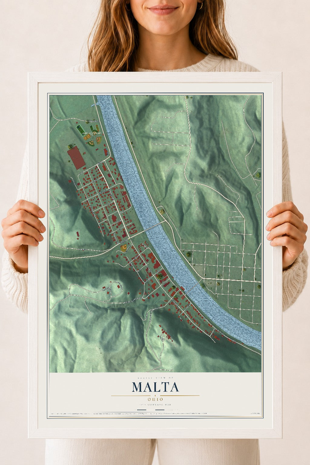 Map of Malta, Ohio, 18 x 24 inch print in a white wood frame
