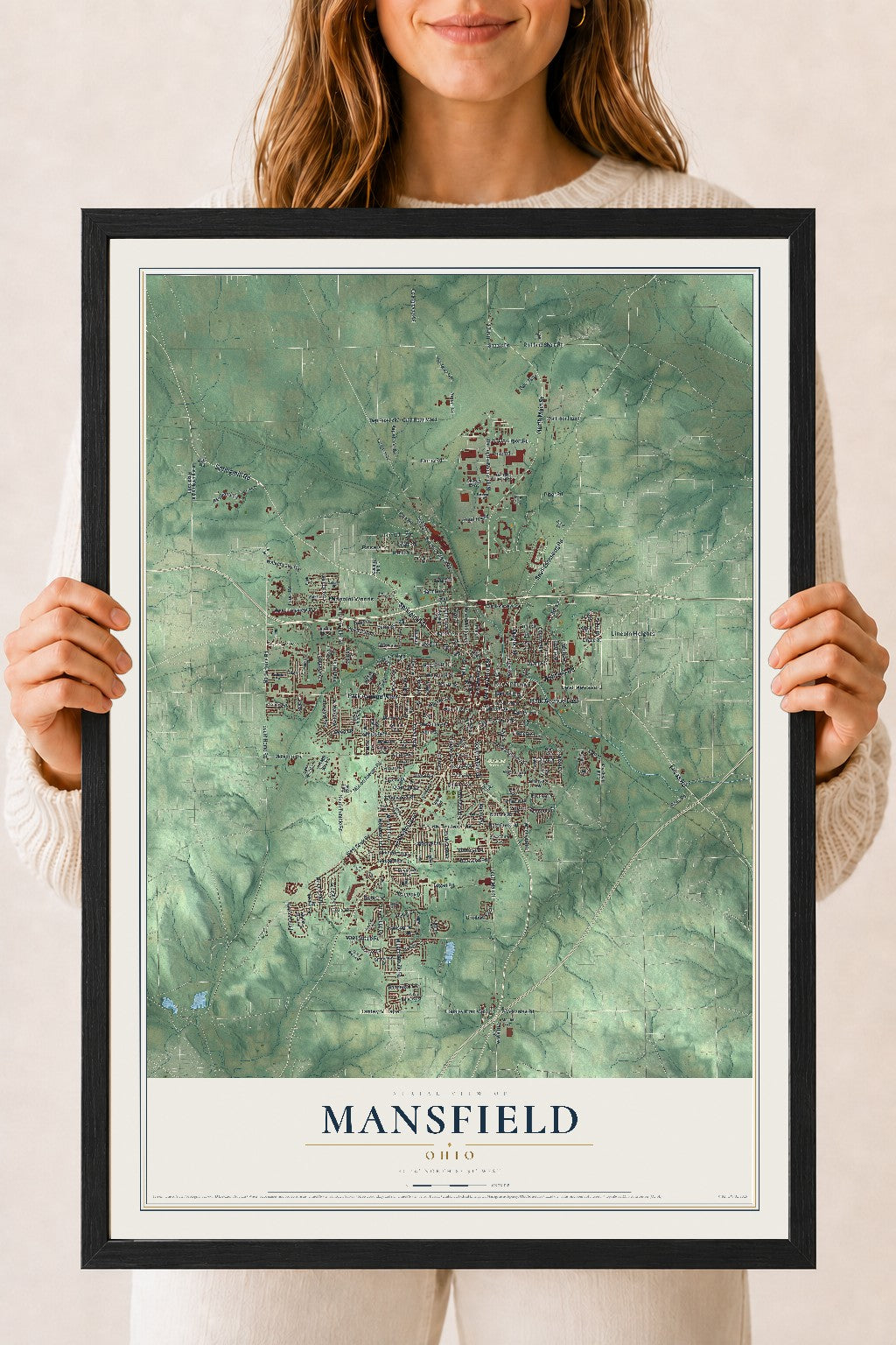Map of Mansfield, Ohio, 18 x 24 inch print in a black wood frame