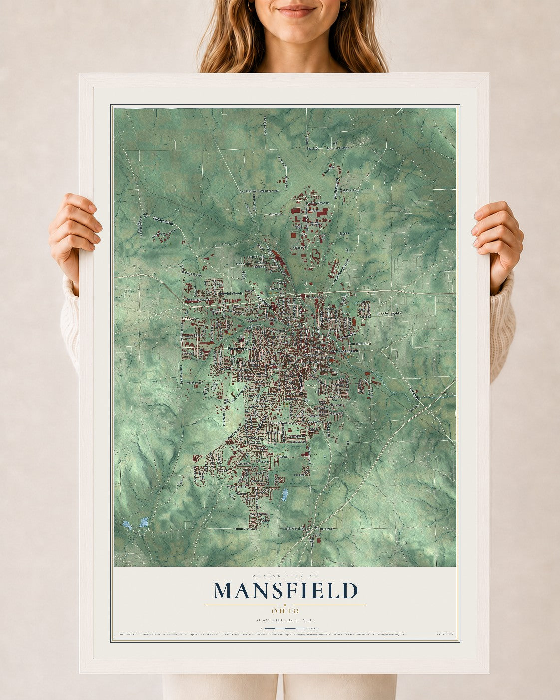 Map of Mansfield, Ohio, 24 x 36 inch print in a white wood frame