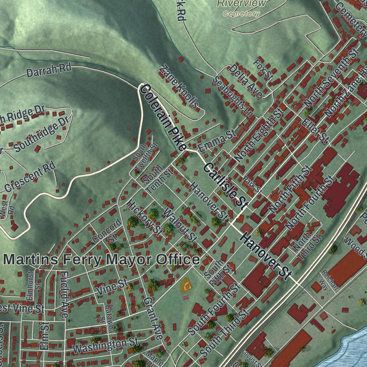 Close-up of the map of Martins Ferry, Ohio print showing street and building detail