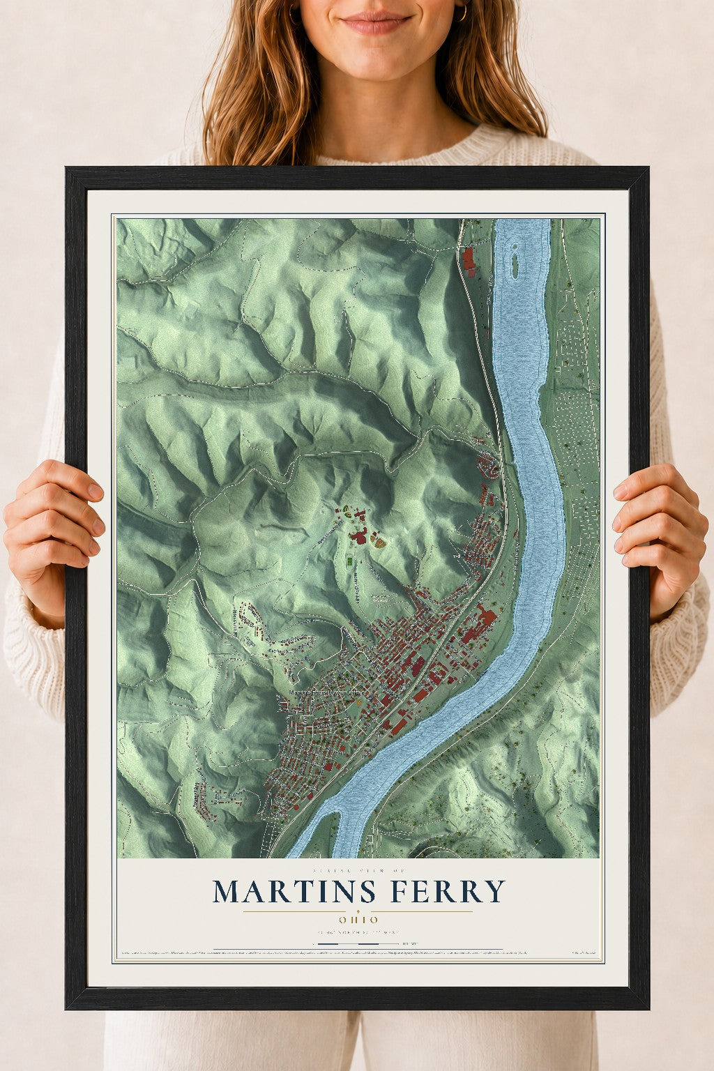 Map of Martins Ferry, Ohio, 18 x 24 inch print in a black wood frame