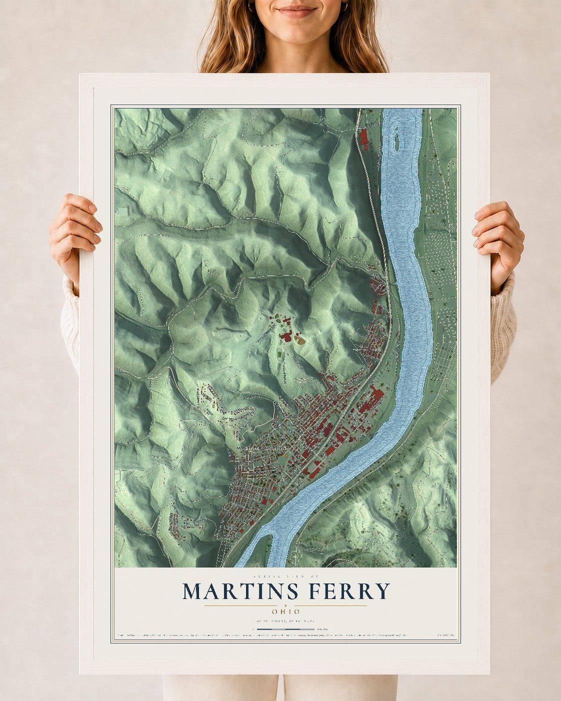 Map of Martins Ferry, Ohio, 24 x 36 inch print in a white wood frame