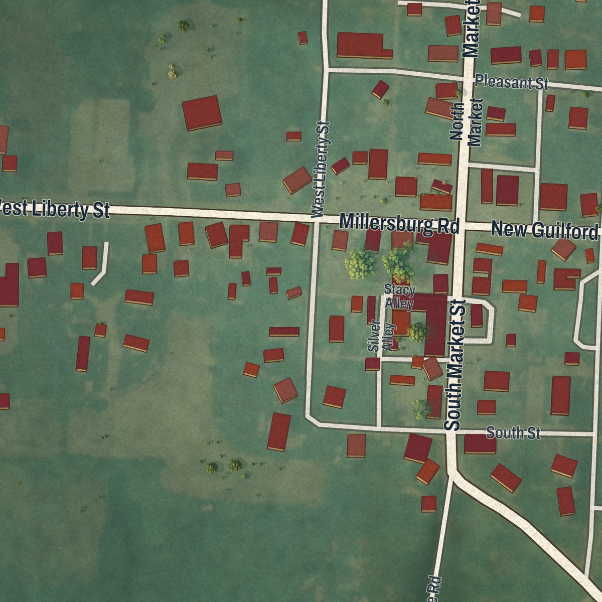 Close-up of the map of Martinsburg, Ohio print showing street and building detail