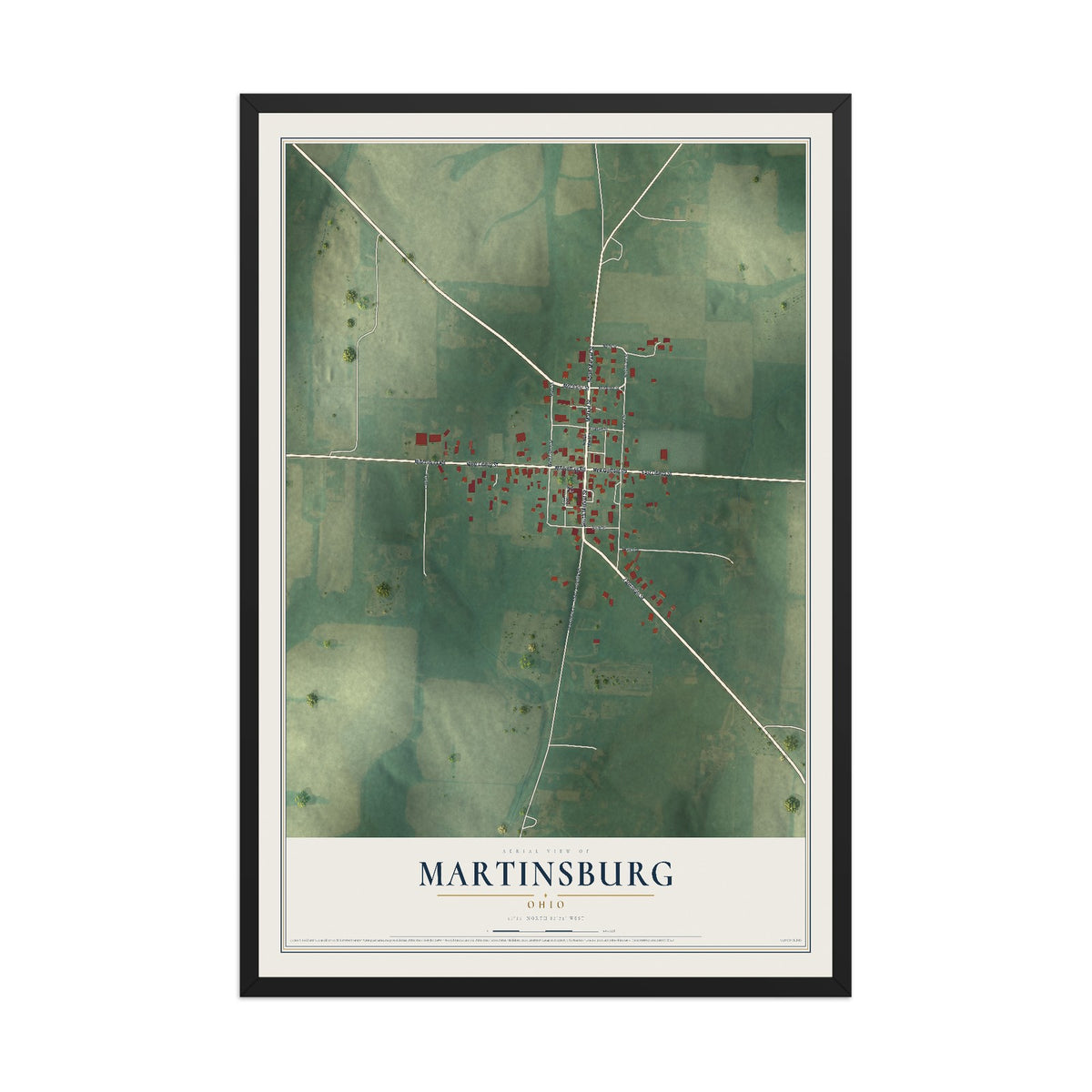 Map of Martinsburg, Ohio, 12 x 18 inch print in a black wood frame