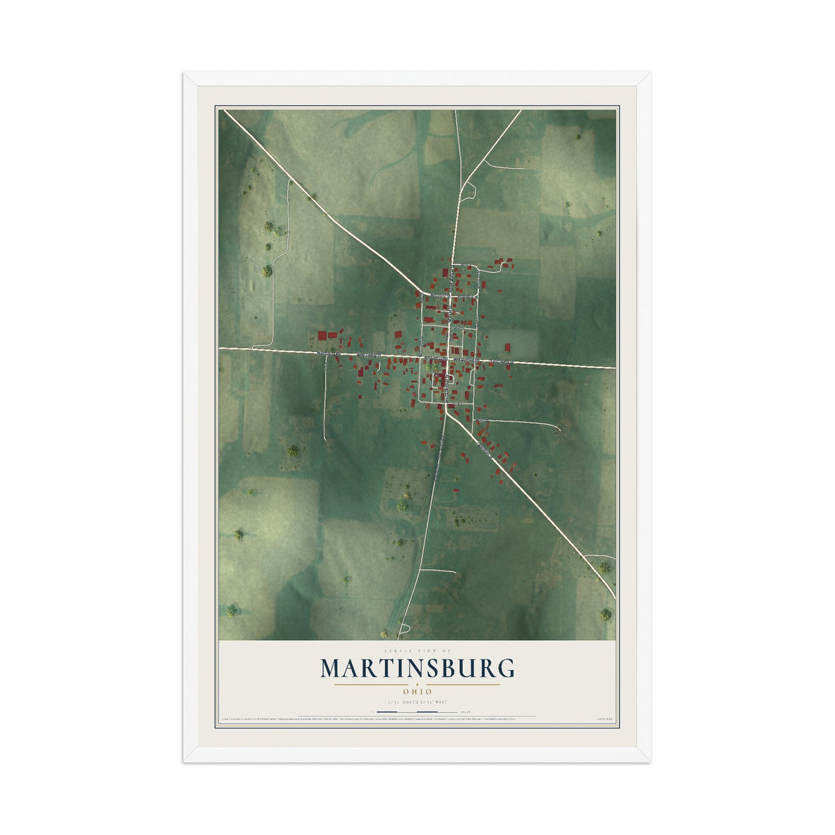 Map of Martinsburg, Ohio, 12 x 18 inch print in a white wood frame
