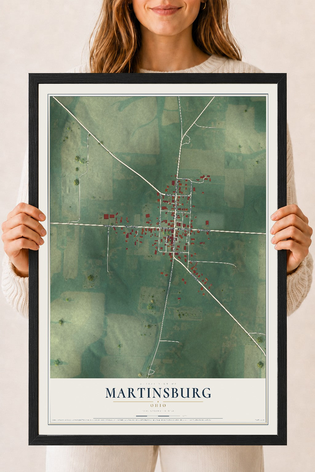 Map of Martinsburg, Ohio, 18 x 24 inch print in a black wood frame