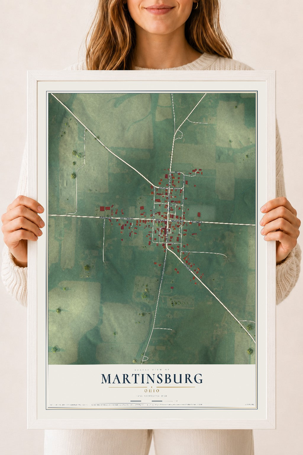 Map of Martinsburg, Ohio, 18 x 24 inch print in a white wood frame
