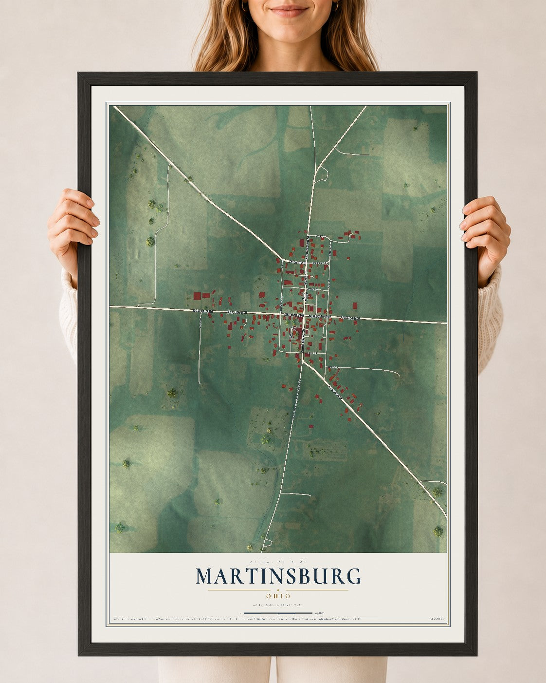 Map of Martinsburg, Ohio, 24 x 36 inch print in a black wood frame