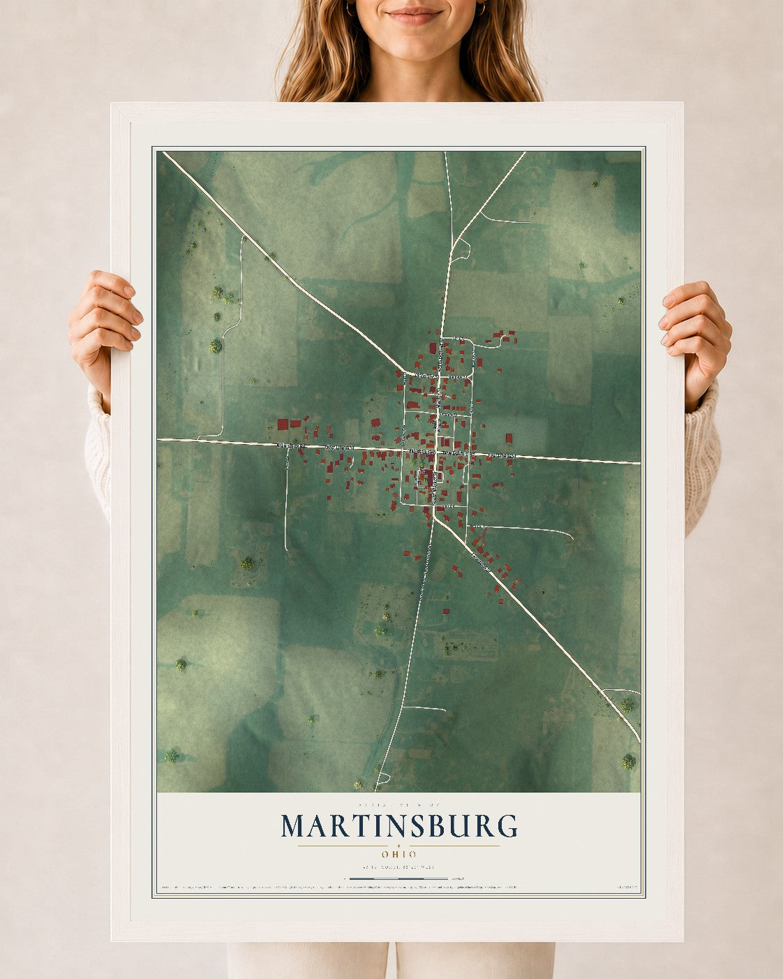 Map of Martinsburg, Ohio, 24 x 36 inch print in a white wood frame
