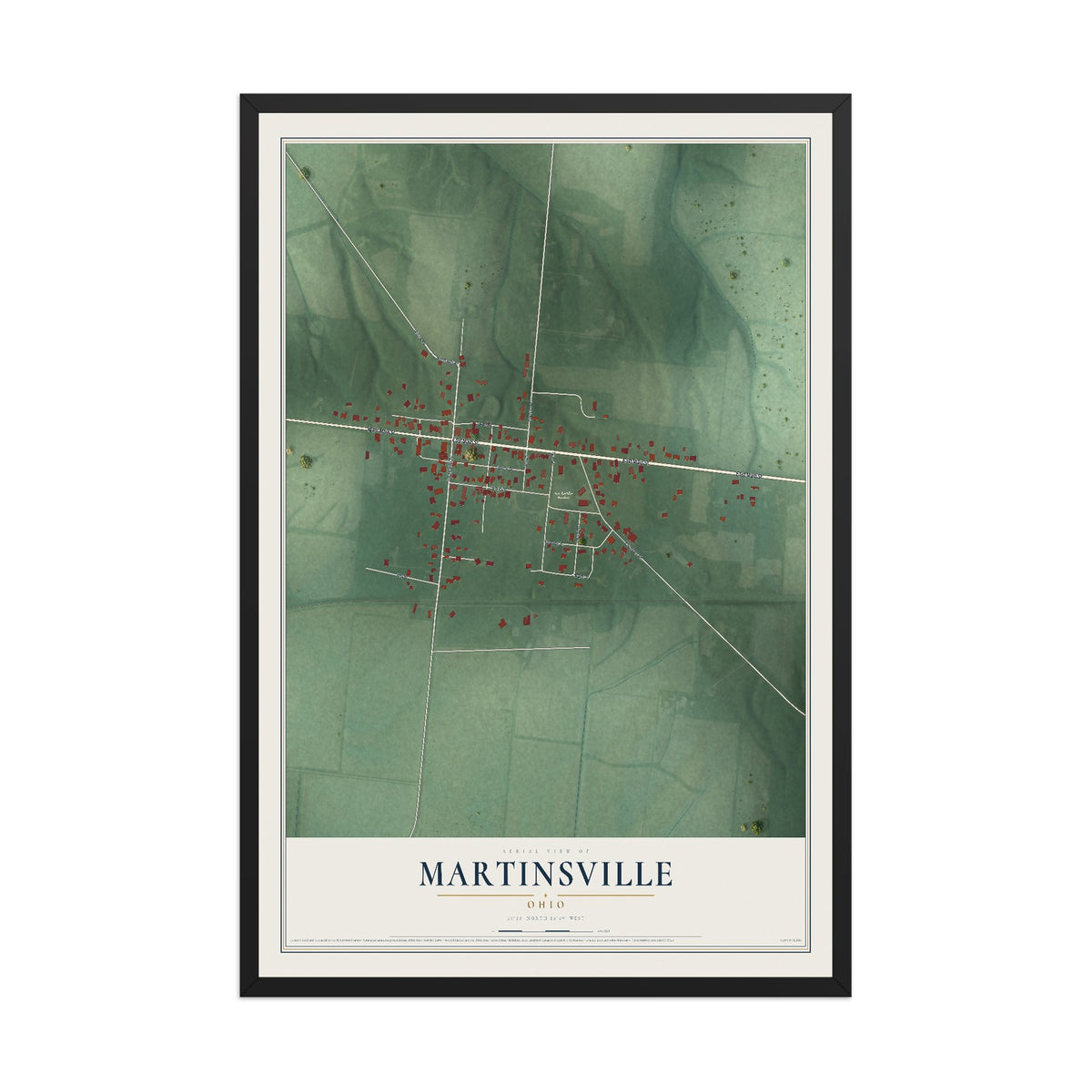 Map of Martinsville, Ohio, 12 x 18 inch print in a black wood frame