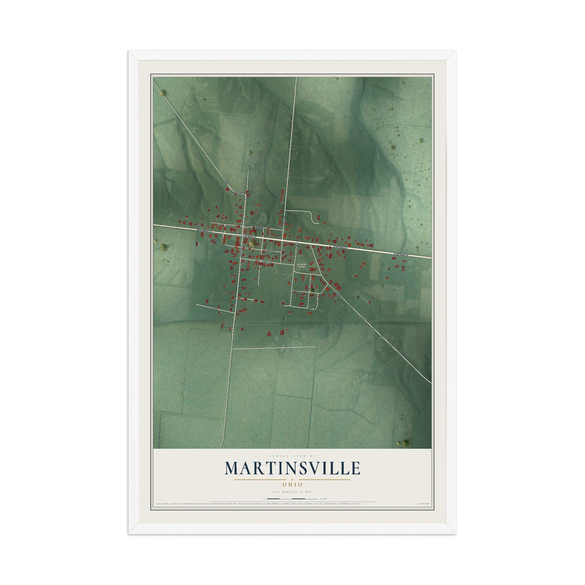 Map of Martinsville, Ohio, 12 x 18 inch print in a white wood frame