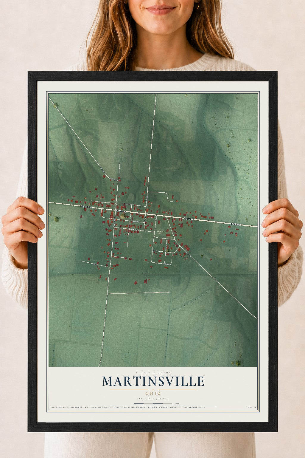 Map of Martinsville, Ohio, 18 x 24 inch print in a black wood frame