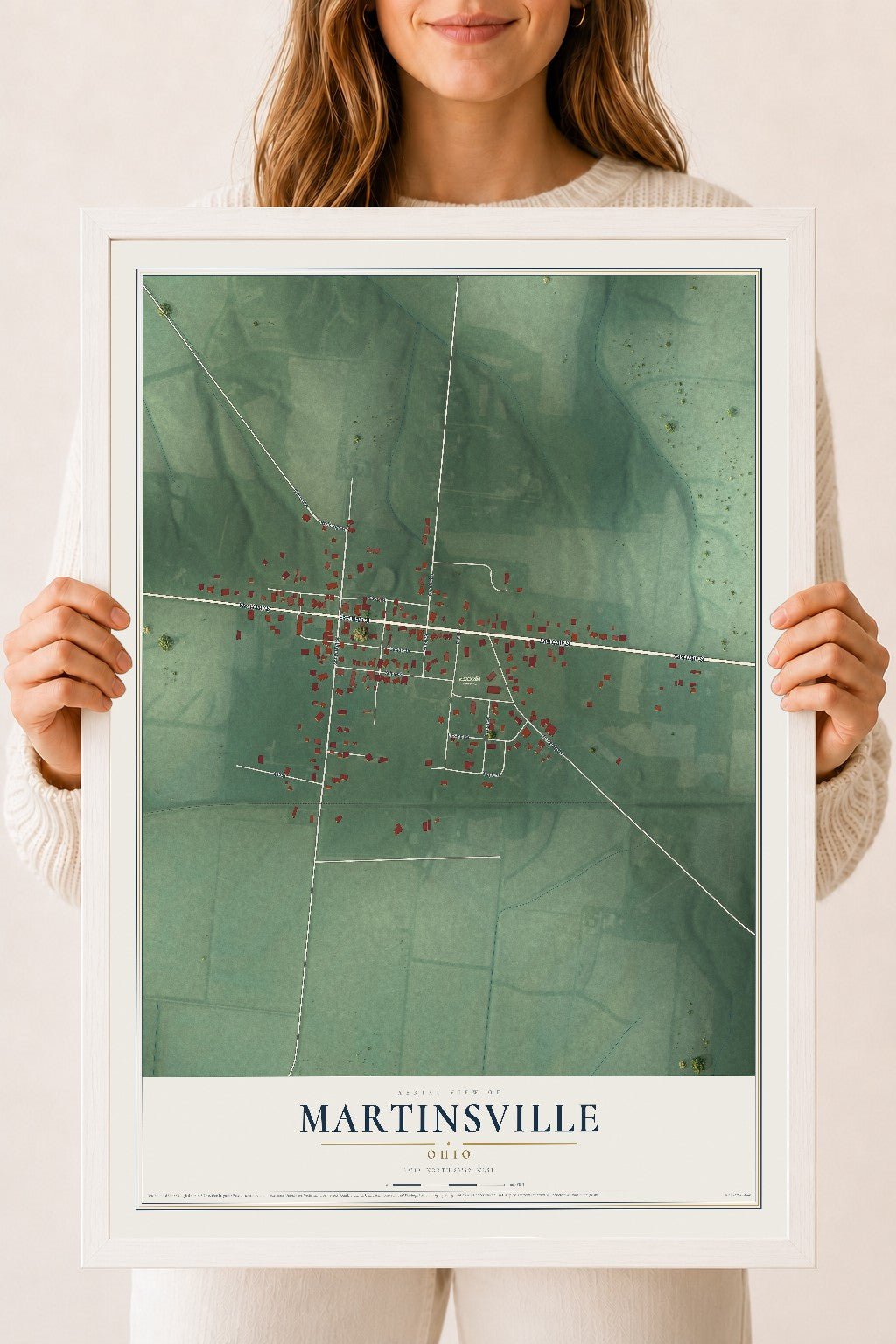 Map of Martinsville, Ohio, 18 x 24 inch print in a white wood frame