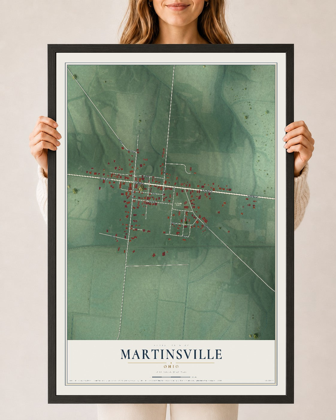 Map of Martinsville, Ohio, 24 x 36 inch print in a black wood frame