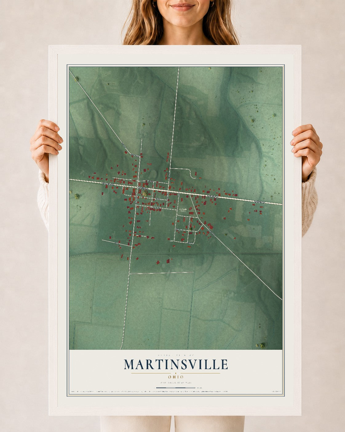 Map of Martinsville, Ohio, 24 x 36 inch print in a white wood frame
