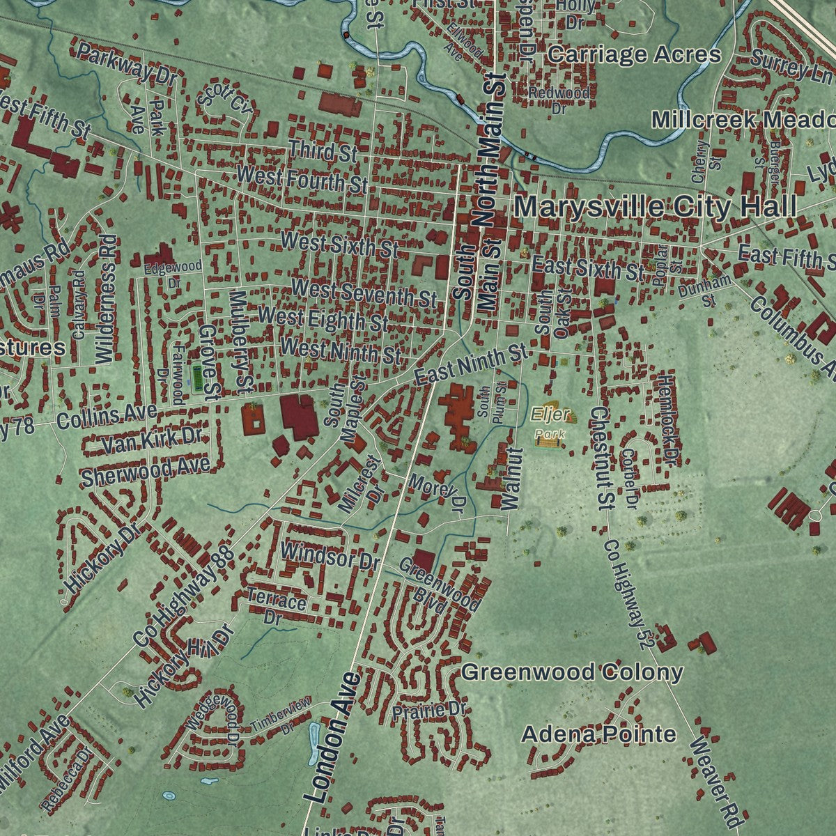 Close-up of the map of Marysville, Ohio print showing street and building detail