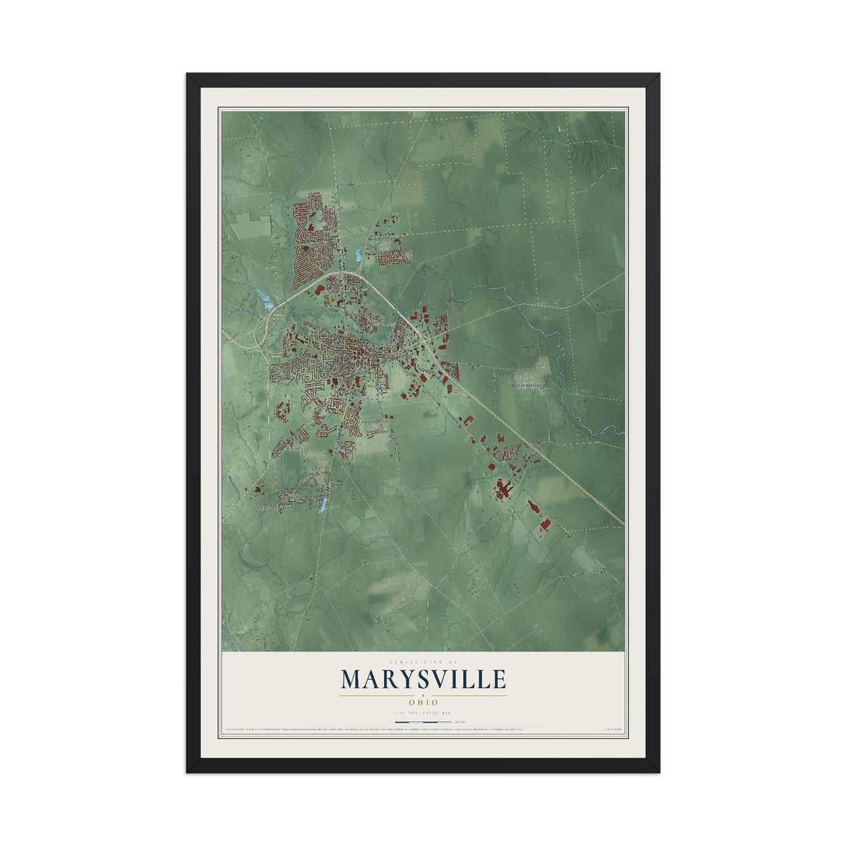 Map of Marysville, Ohio, 12 x 18 inch print in a black wood frame